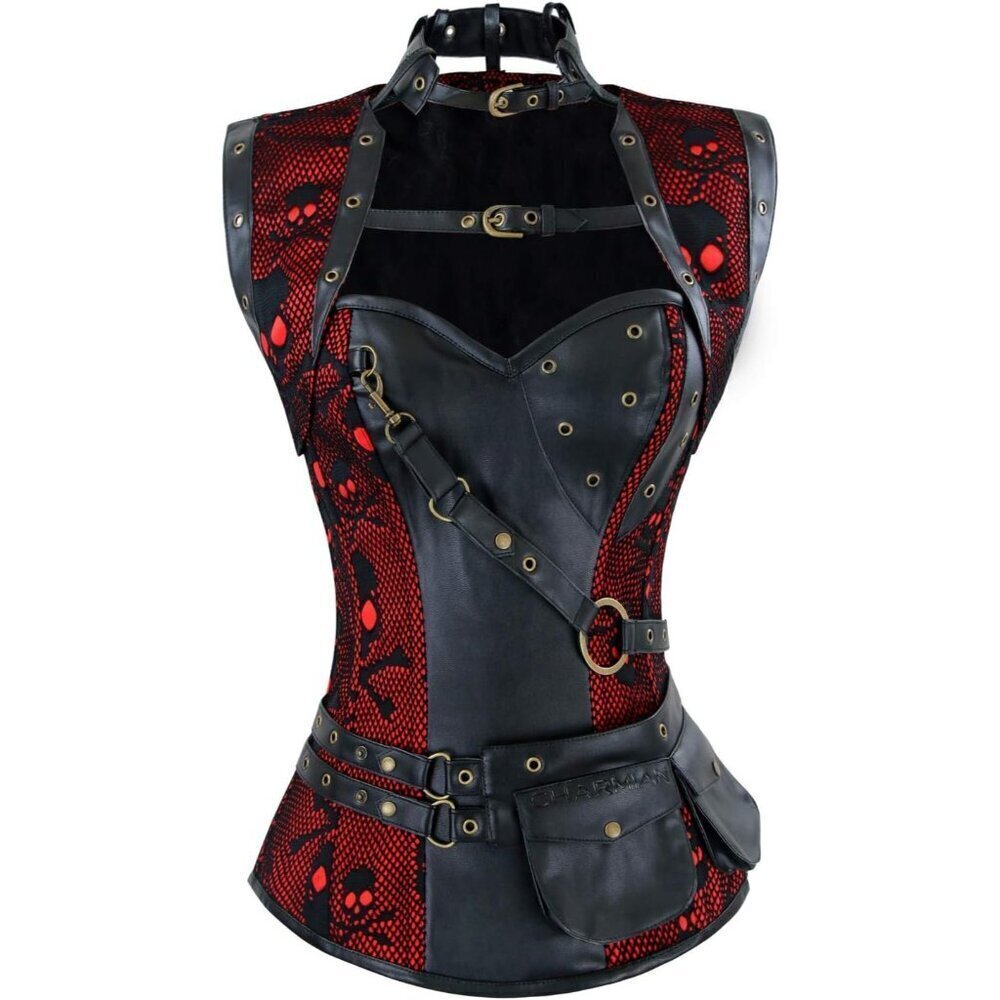 🆕Women First Black\RED Steampunk Vintage Spiral Steel Boned Corset Bustier